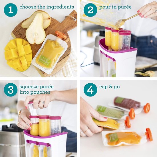 knijpstation babyvoedselmaker en zakjesvuller - Voedselpers - vult 3 herbruikbare zakjes tegelijk - eenvoudig te gebruiken - vaatwasserbestendig - essentieel voor het bereiden van zelfgemaakte babyvoeding - Wordt geleverd met 10 zakjes en flessendopp van Superfill Baby. — afbeelding 2