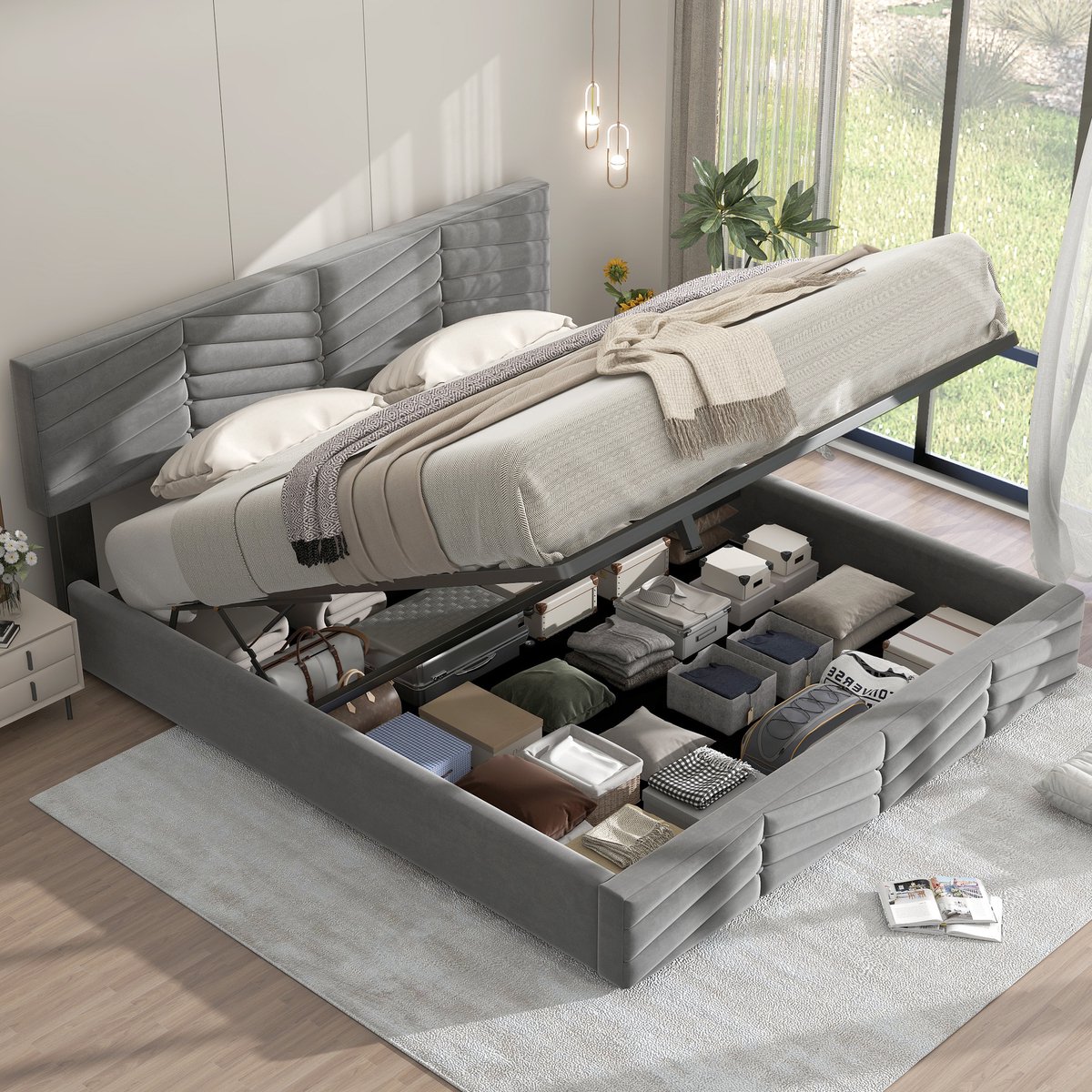 SINGULARITY-Gestoffeerd bed- tweepersoonsbed- hydraulisch functioneel bed- fluweel- gestreepte stijl- continentaal bed- in hoogte verstelbaar hoofdeinde- 180 x 200- grijs- zonder matras