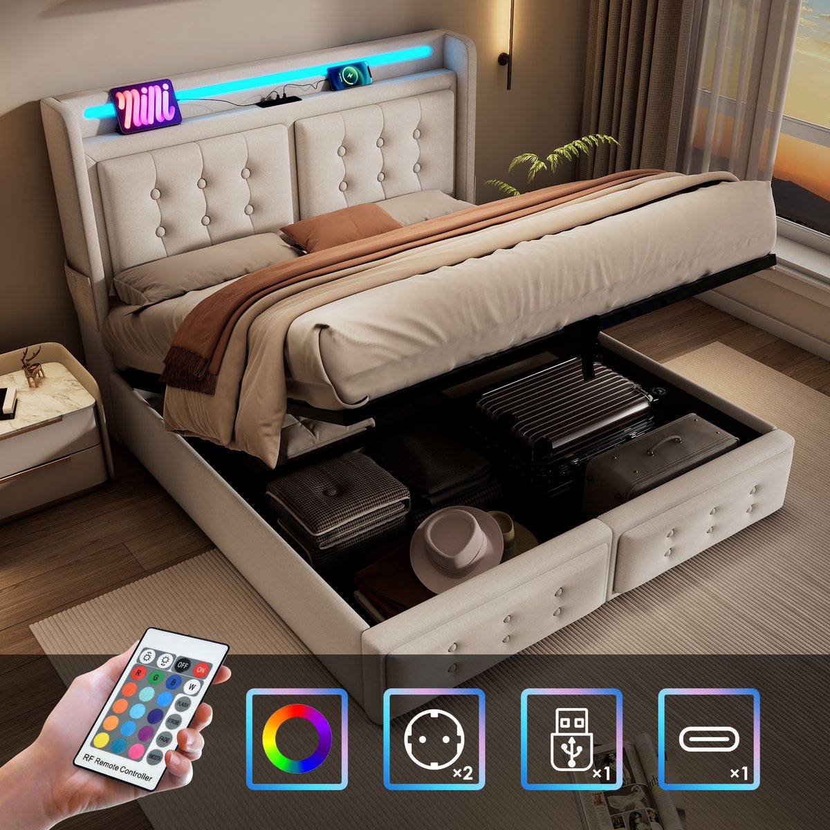 SINGULARITY-Gestoffeerd bed 180x200- tweepersoonsbed met LED-hoofdbord en USB C- hydraulisch bed- draagvermogen 300 kg- beige- zonder matras