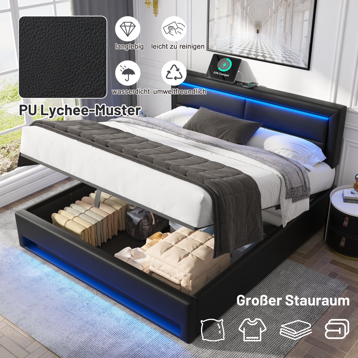 SINGULARITY-Gestoffeerd bed 160 x 200 cm- met USB-aansluiting- met LED-verlichting en opbergruimte- zonder matras- PU-lychee-patroon- zwart