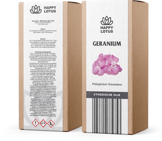 Doos met flesjes etherische olie van HAPPY LOTUS Geranium, met tekst en een afbeelding van roze geraniumbloemen.