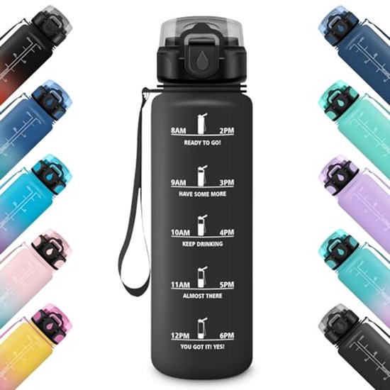 Motiverende Waterfles met Tijdmarkeringen - 1 Liter met Filter voor School, Campings, Yoga en Kantoor