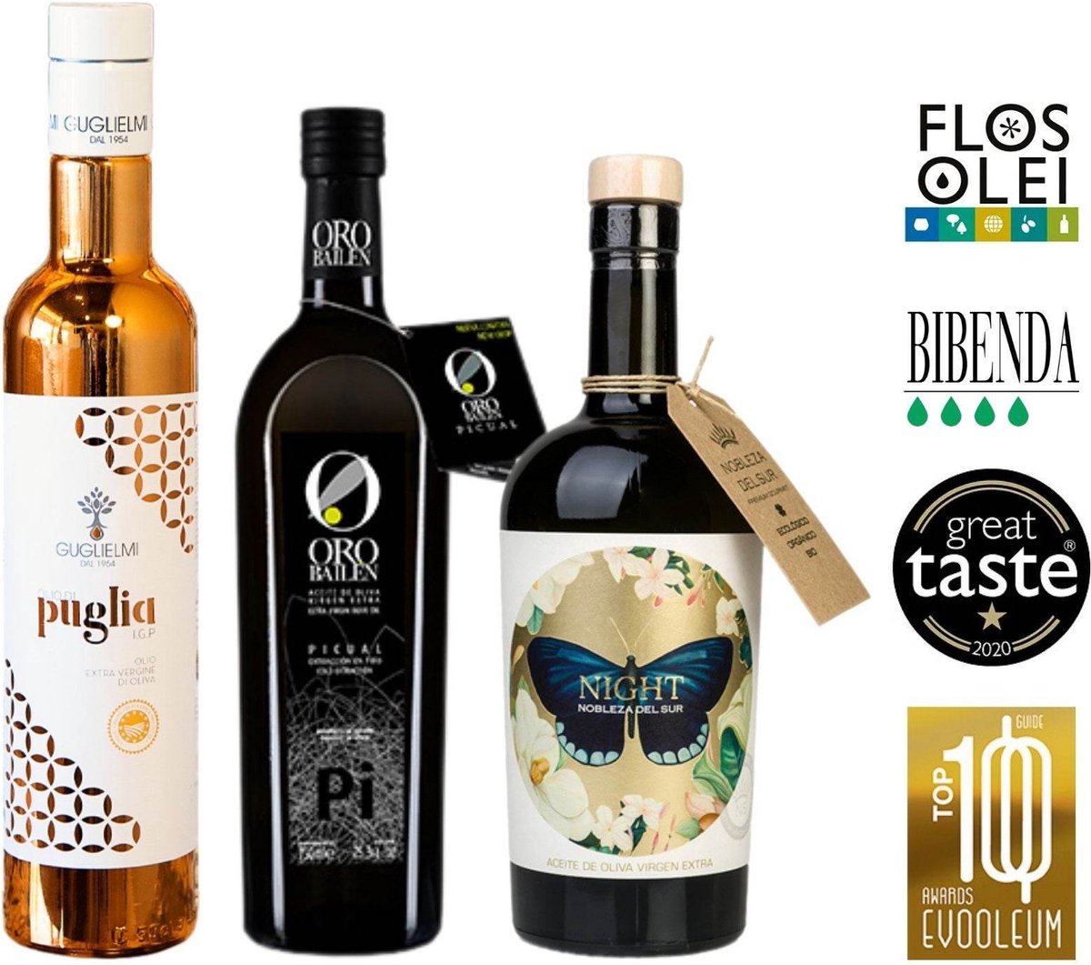 Luxe Olijfolie Proefset | 3x500ml Extra Vergine Olijfolie | Bekroonde Olijfoliën uit Italië & Spanje | Cadeauset voor Fijnproevers