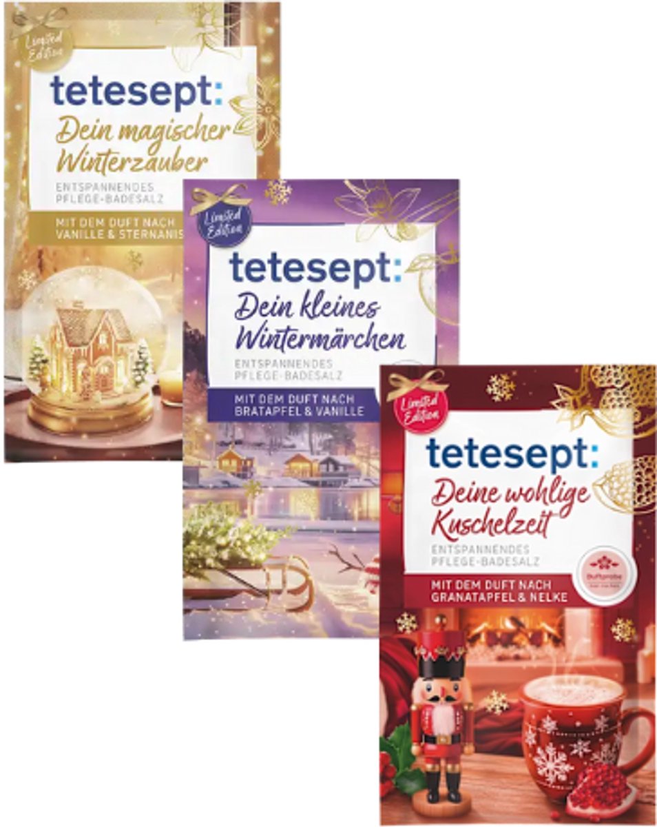 Kerst Badzout Geschenkset - Set van 3 - Tetesept | Magischer Winterzauber - Kleines Wintermärchen - Wohlige Kuschelzeit | 3x 60 g - Winter Badzout - Limited Edition 2025
