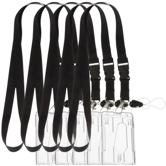 Set van 5 zwarte keycords met karabijnhaken en transparante hardplastic badgehouders.