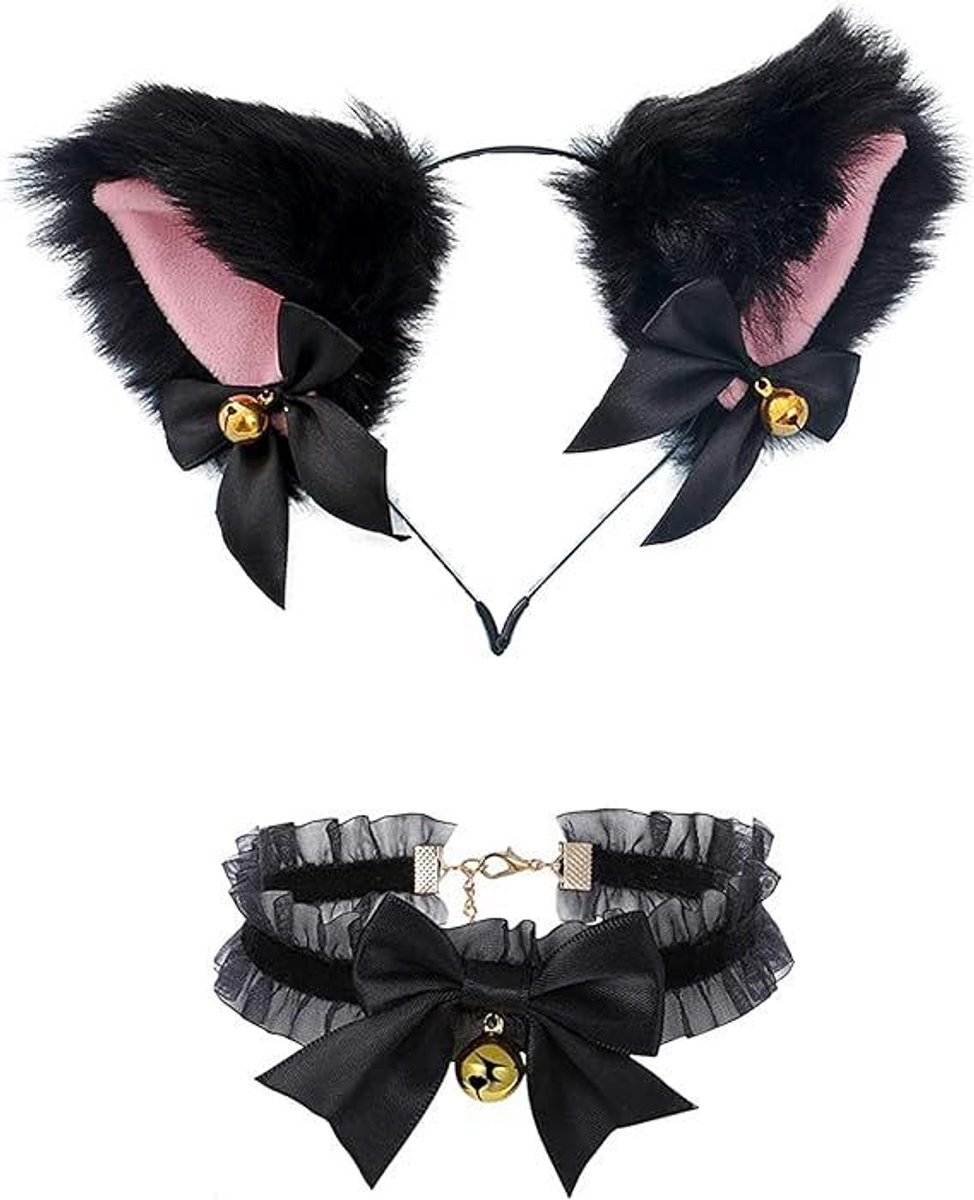 Daity Zwarte kattenoren hoofdbandset voor meisjes - Halloween cosplay kattenkostuum - nepbont oren hoofdband haaraccessoires voor volwassenen en kinderen