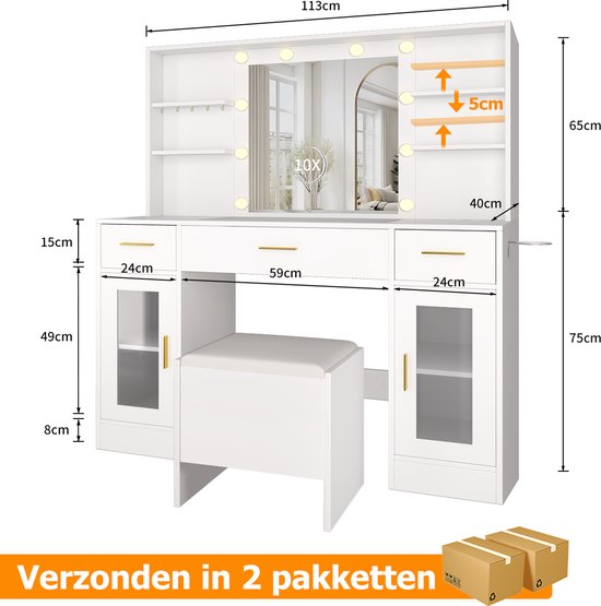 Afmetingen van de witte kaptafel met spiegel en krukje. Verzendingsinformatie in 2 pakketten.