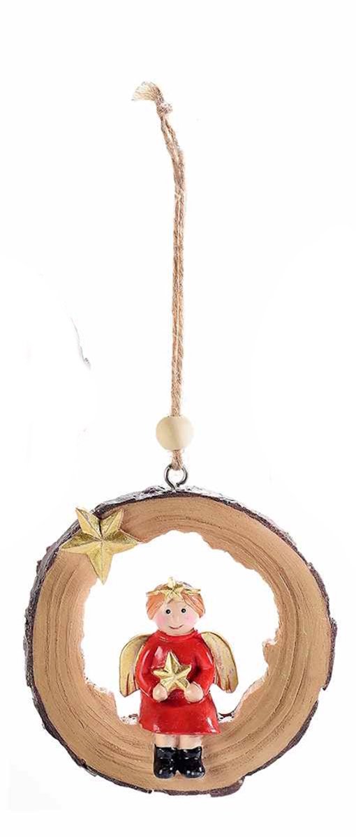 Boomstam met Zittende Engel - Kerstornament - Ø 8,5 x 1 cm - Kunsthars