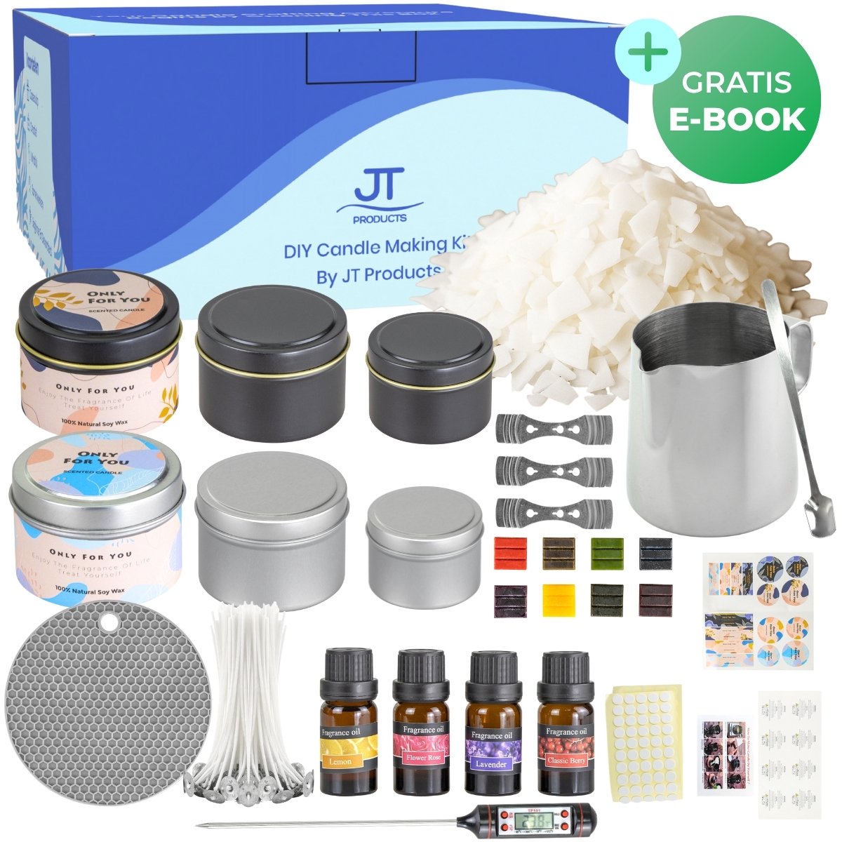 JT Products Kaarsen Maken Set – Inclusief 600 Gram Soja Wax - E-Book - Kaarsen Maken Voor Volwassenen – Geurkaars - Kaarslont – Kaarsenlont – Smeltpan – Kaarsen Maken Starterspakket – Candle Making Kit – DIY - Moederdag Cadeau - Cadeautje Voor Mama