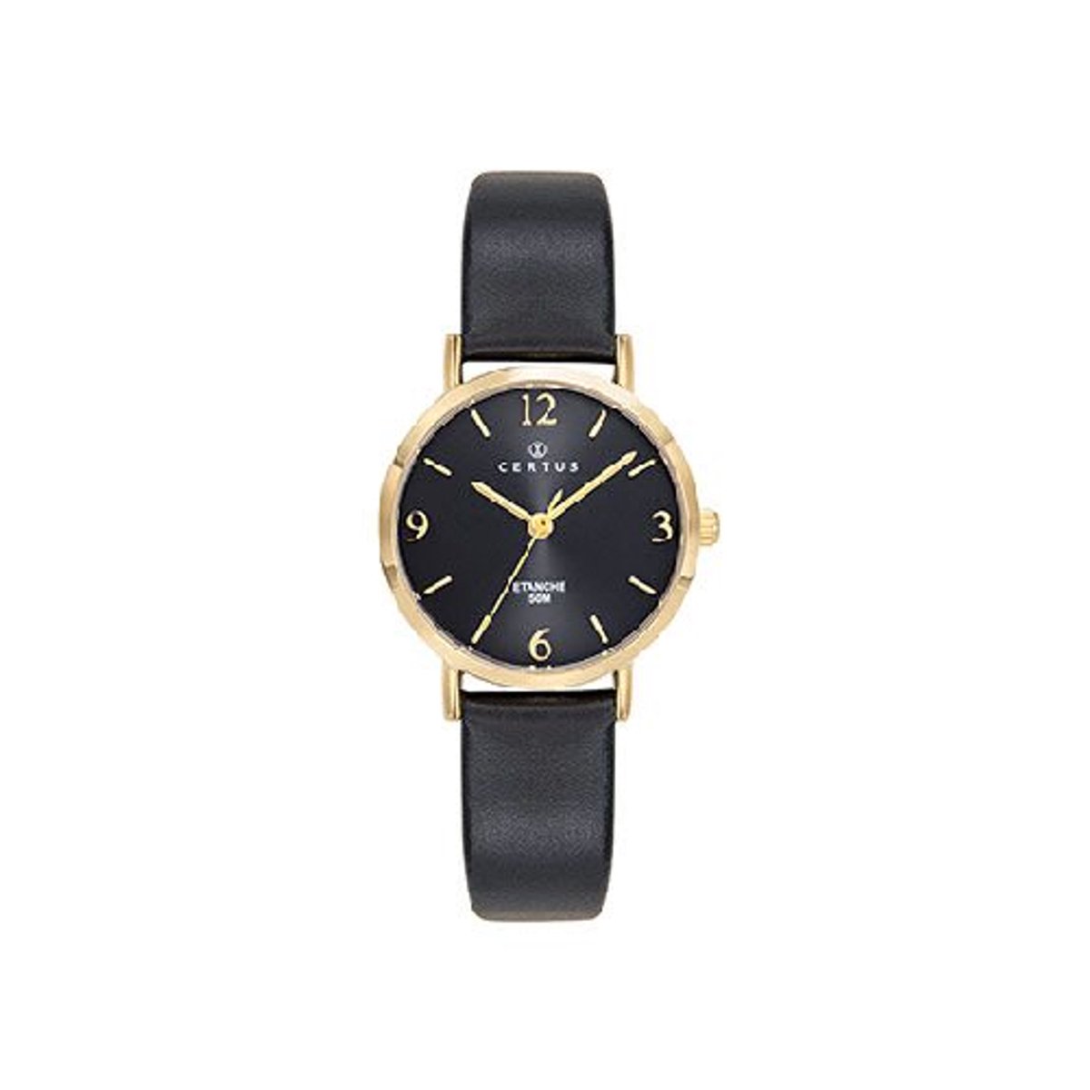 Certus-Dameshorloge-goudkleurig-zwart-made in France-5 atm waterdicht-diameter 27 mm-model 646612