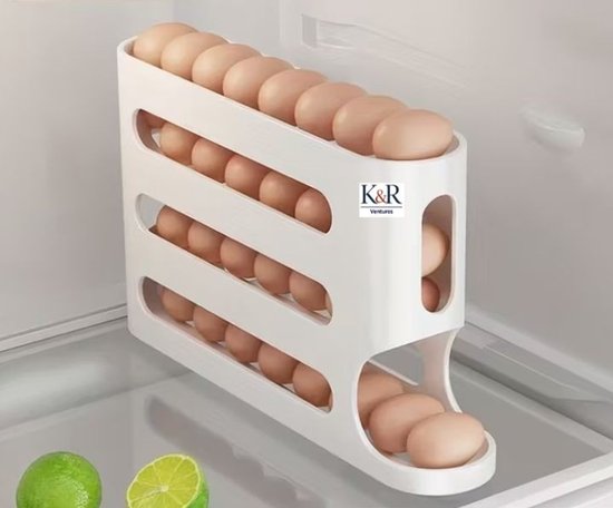 K&R Ventures® Eierhouder voor Koelkast – 4 Laags Automatische Rollende Eiercontainer – Opslag voor 30 Eieren – Ruimtebesparende Koelkastorganizer – Wit – Eieropslag Koelkast