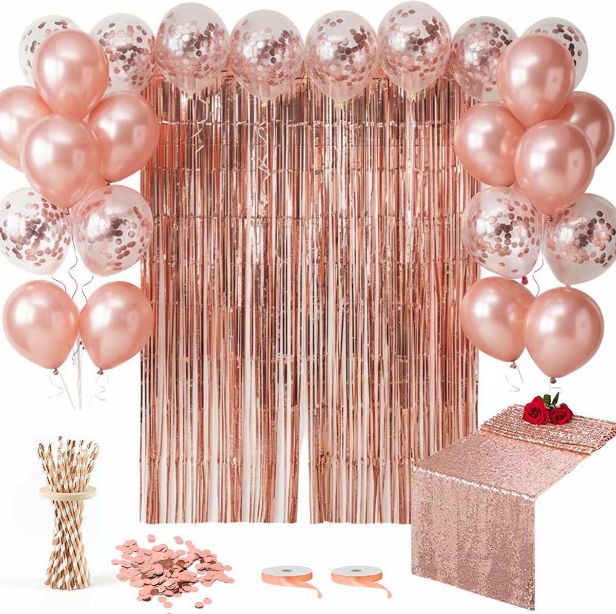 Vitamo™ Roségoud Feestversiering - Feestpakket - Verjaardag - Baby Shower - Tafelloper - Feestgordijnen - SUITE