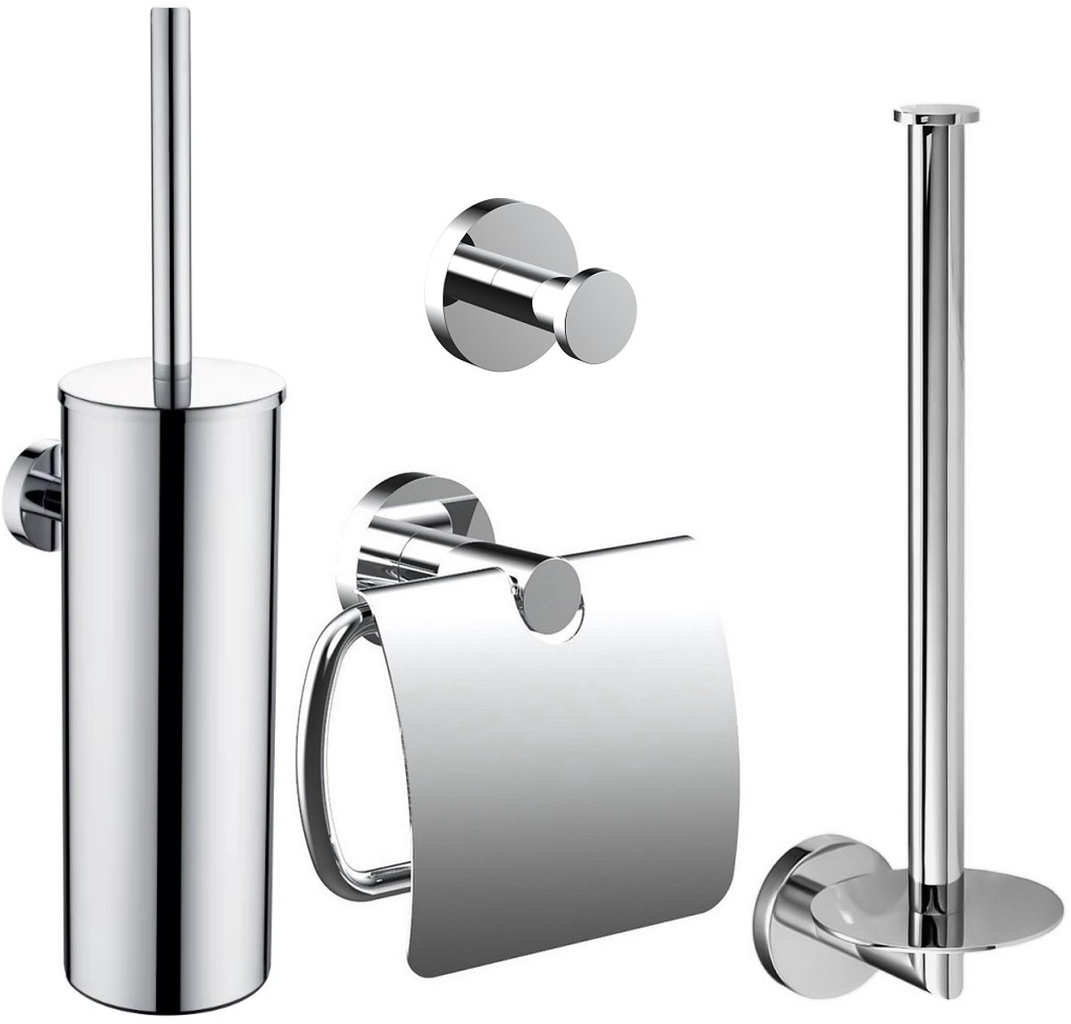 Toiletaccessoireset Chroom 4-delig – Luxe Toilet Set - Toiletborstel met Houder - Toiletrolhouder met klep - Reserverolhouder - Handdoekhaak