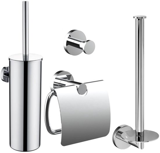 Toiletaccessoireset Chroom 4-delig – Luxe Toilet Set - Toiletborstel met Houder - Toiletrolhouder met klep - Reserverolhouder - Handdoekhaak