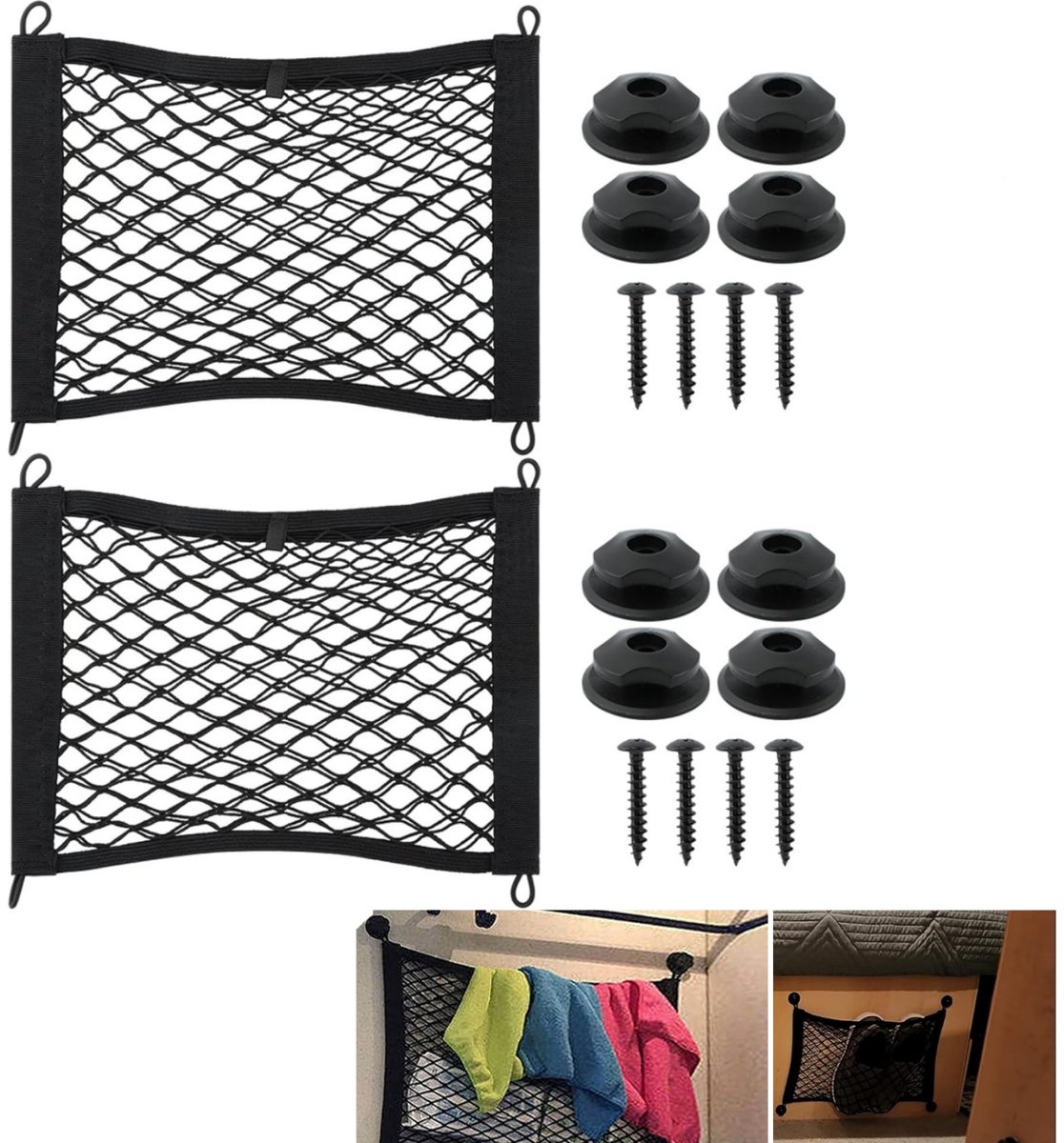 Image of 2 stuks - kleine bagagenetten met elastische zakken - elastisch opbergnet - 25 x 35 cm rekbaar auto-organizernet - voor kofferbak, camper, boten, huis, auto - zwart