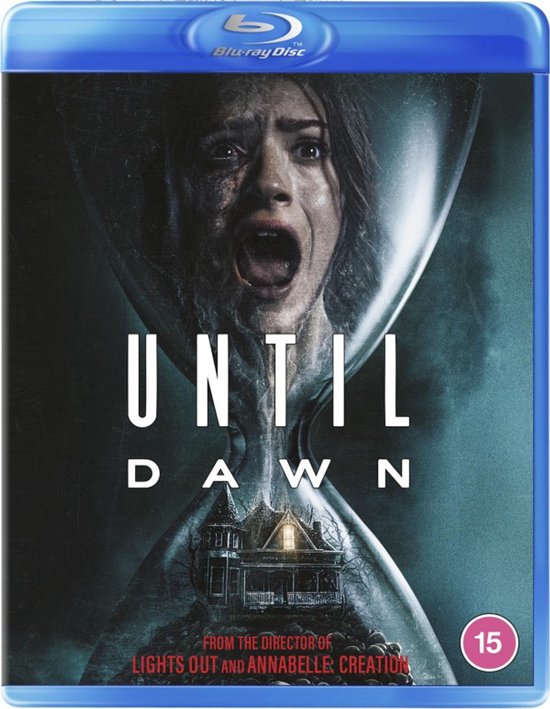 Blu-ray hoes van de film 'Until Dawn'. Een vrouw in paniek gevangen in een zandloper, boven een spookhuis.