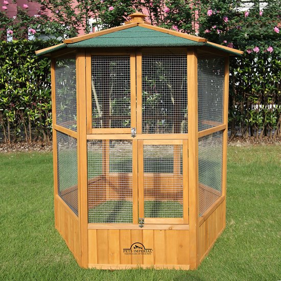 LotaHome - Vogelkooi - Volière - Vogelhuis - Weerbestendig - Dierenverblijf voor Vogels - Vogelverblijf - Papegaaienkooi - Parkietenkooi - Met Dakleer en Sterk Gaas - Veilige en Comfortabele Leefomgeving - Vurenhout - Bruin - 106x122x160cm
