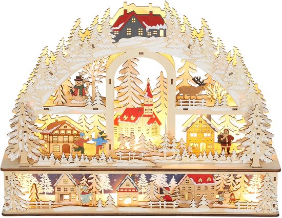 Kerstdorp Met LED-verlichting, 45 Cm Kerststad Met Sneeuwpop, Rendier En Bomen Natuurhout