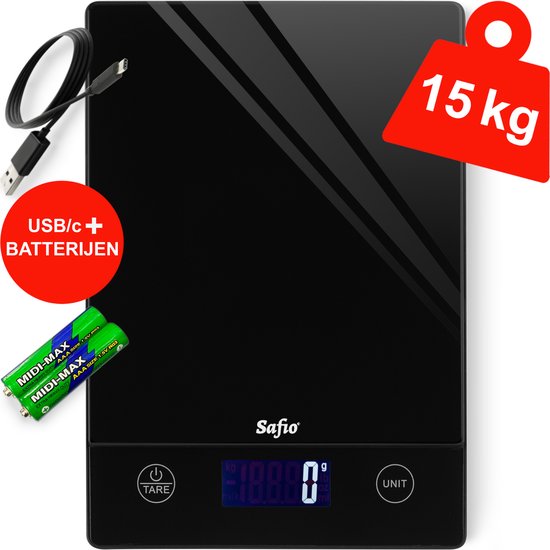 W-15 - Keukenweegschaal digitaal - 1gr tot 15kg - Gehard glas - USB c oplaadbaar - Precisie digitale weegschaal keuken - Kookweegschaal electrisch horeca - Tare functie - Tarra - Digital food kitchen scale - Keukenweegschaal zonder batterijen