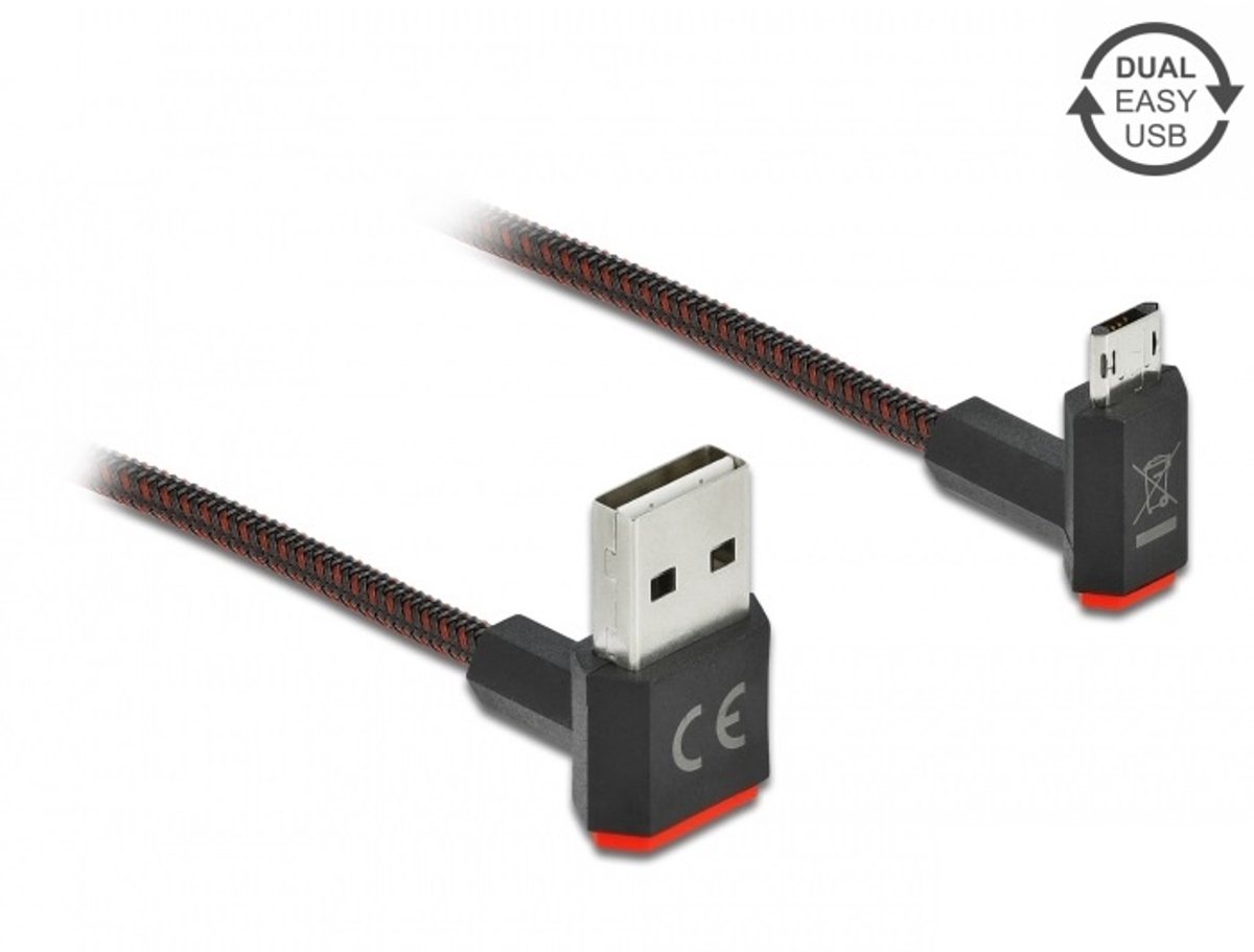 Easy-Micro USB - Easy-USB-A kabel | haaks boven/beneden | USB2.0 | 10W | nylon | 0,20 meter
