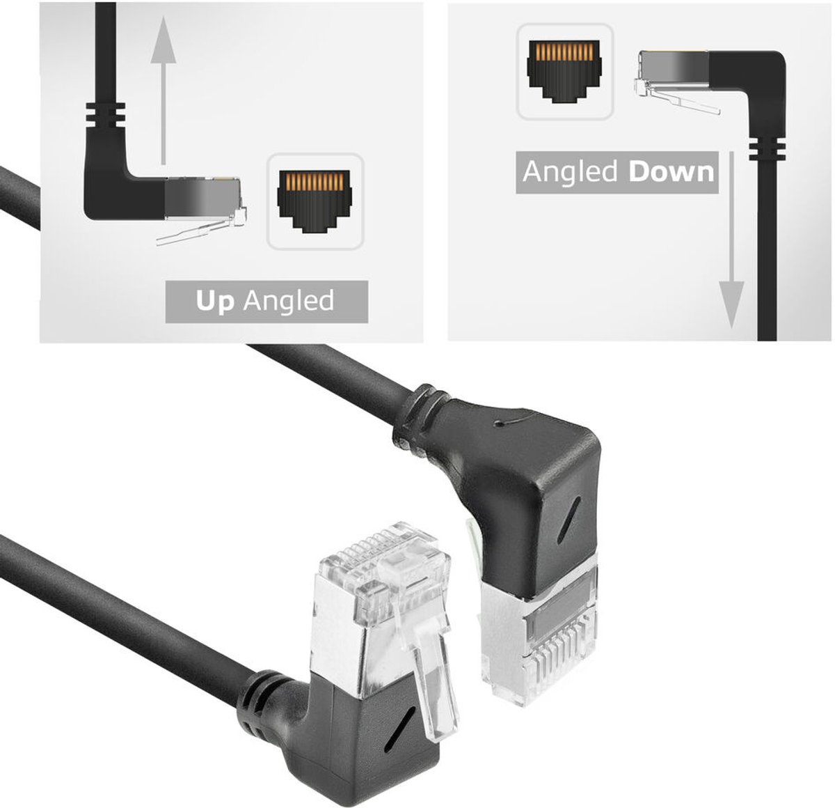 Image of ACT Zwarte 1 meter U/FTP CAT6A LSZH Slimline patchkabel met RJ45 connectoren 90° haaks beneden naar 90° haaks boven DA7901