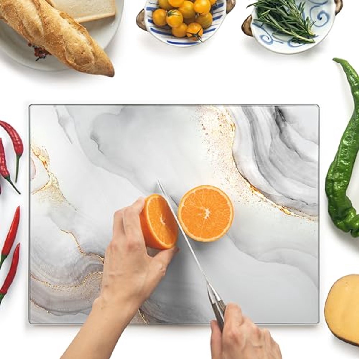 Glazen Snijplank 40x30 cm – Hittebestendig, Antislip en Krasbestendig – Wit en Goud Marmer