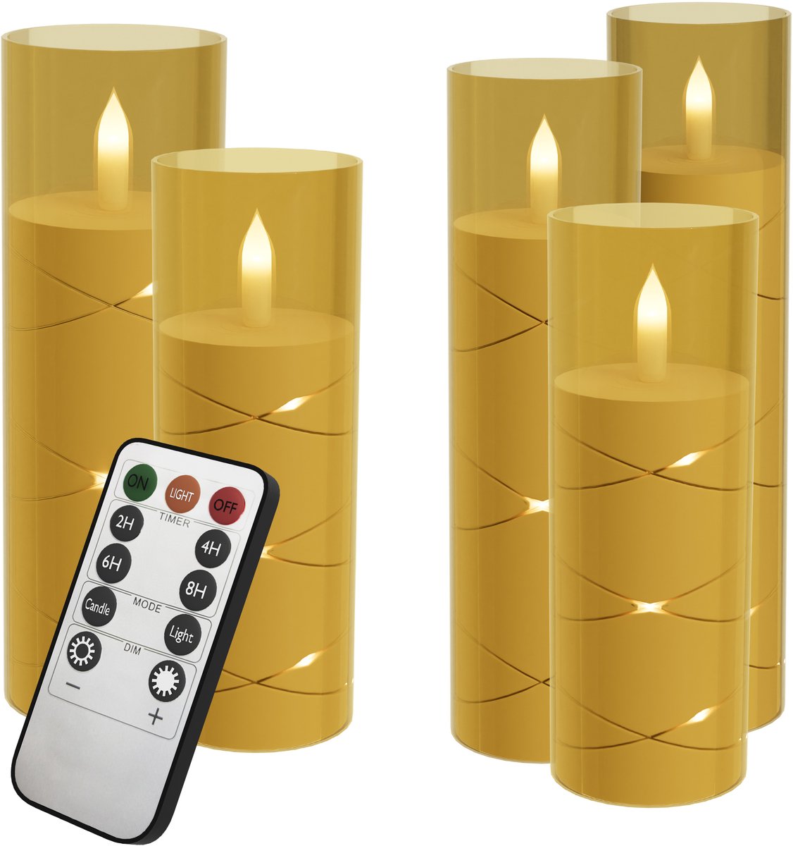 Aufun LED vlamloze kaarsen met flikkerend effect - met afstandsbediening - stompkaarsen van acryl - op batterijen - type D - goud - set van 5