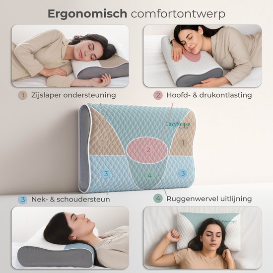 CozySense® Hoofdkussen - Traagschuim Slaapkussen - Ortopedisch voor Nekklachten - Ergonomisch Hoofdkussen - Voor Rug- en Zijslaper - Inclusief Kussensloop en Draagtas - Medium Hardheid