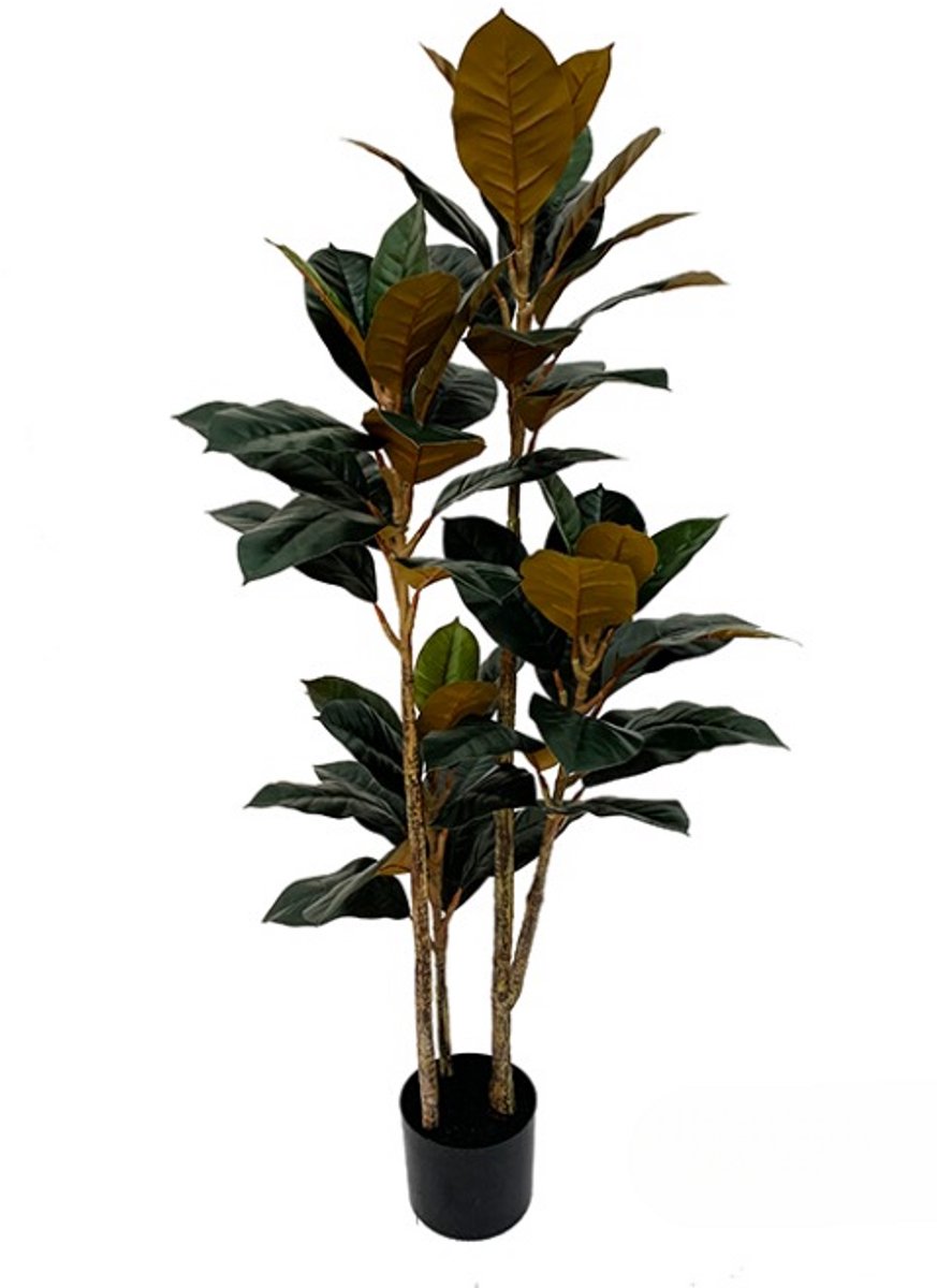 NeverLeafs Rubberboom kunstplant - 140 cm - Ficus elastica met 3 stammen gebloemd