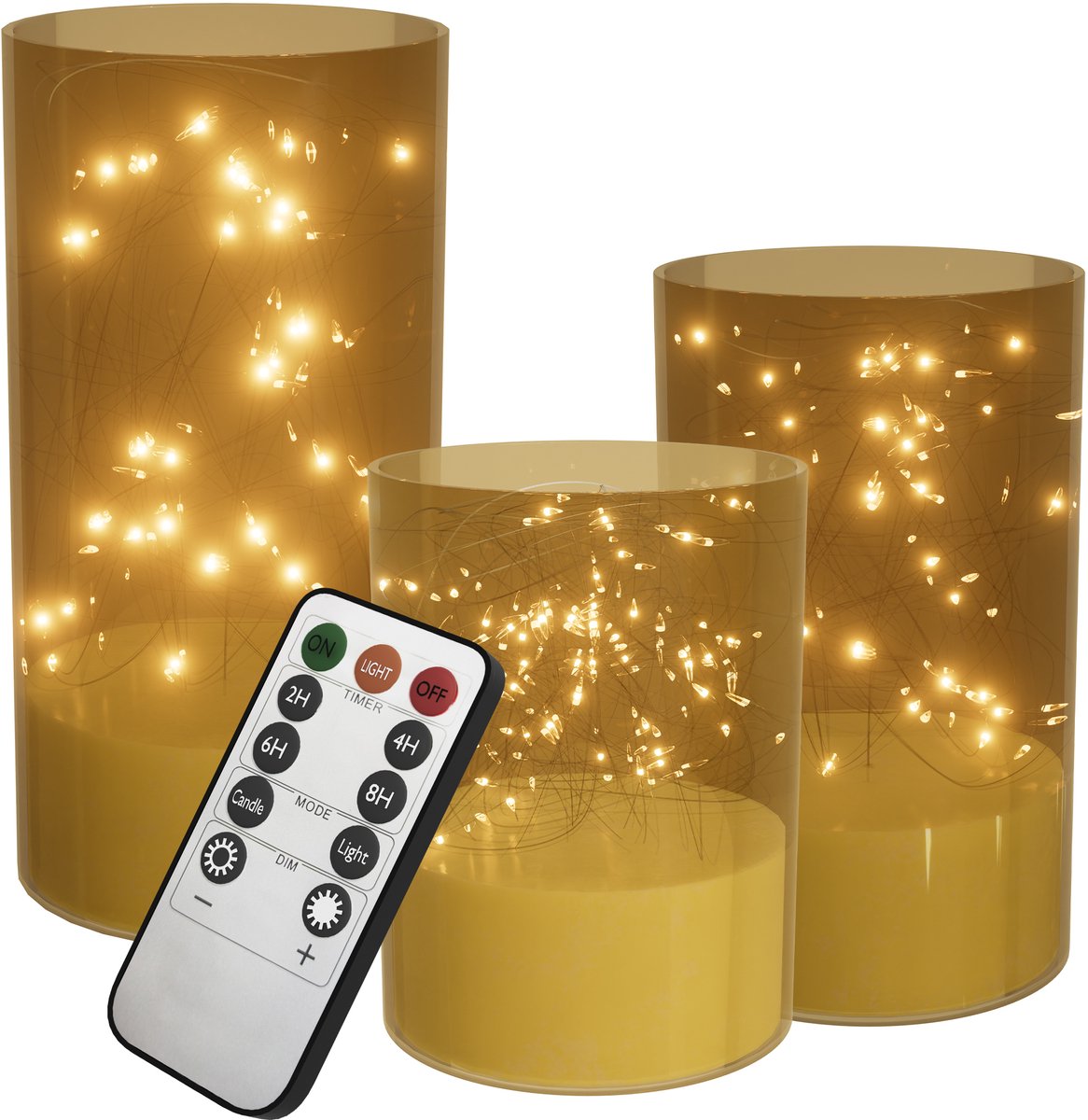 Aufun LED vlamloze kaarsen met afstandsbediening - Flikkerend - Acryl stompkaarsen - Op batterijen - Type C - Goud - Set van 3 - Voor huisdecoratie en kerstversiering