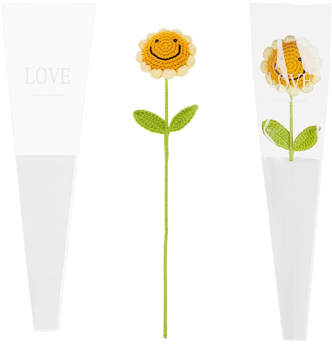 Selbro® 2 stuks handgemaakte synthetische zonnebloem met boeket pakket tas 43,2 x 9,5 x 3,6 cm synthetische kunstmatige glimlach gezicht zonnebloem gehaakte hand geweven bloem met staal