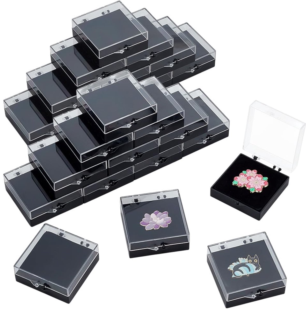 24 geschenkdozen van kunststof voor spelden met binnenkant van fluweel, rechthoekig, transparant, 5,6 x 6,3 x 2,25 cm, met zwarte basis, verpakkingsdozen voor kleine sieraden