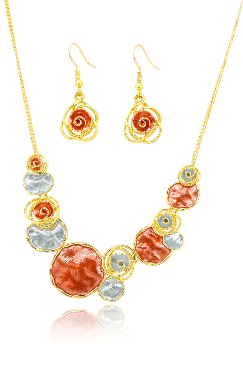 Dames sieradenset rood-blauw-goud rozenbloem design ketting en oorbellen – milieuvriendelijke legering