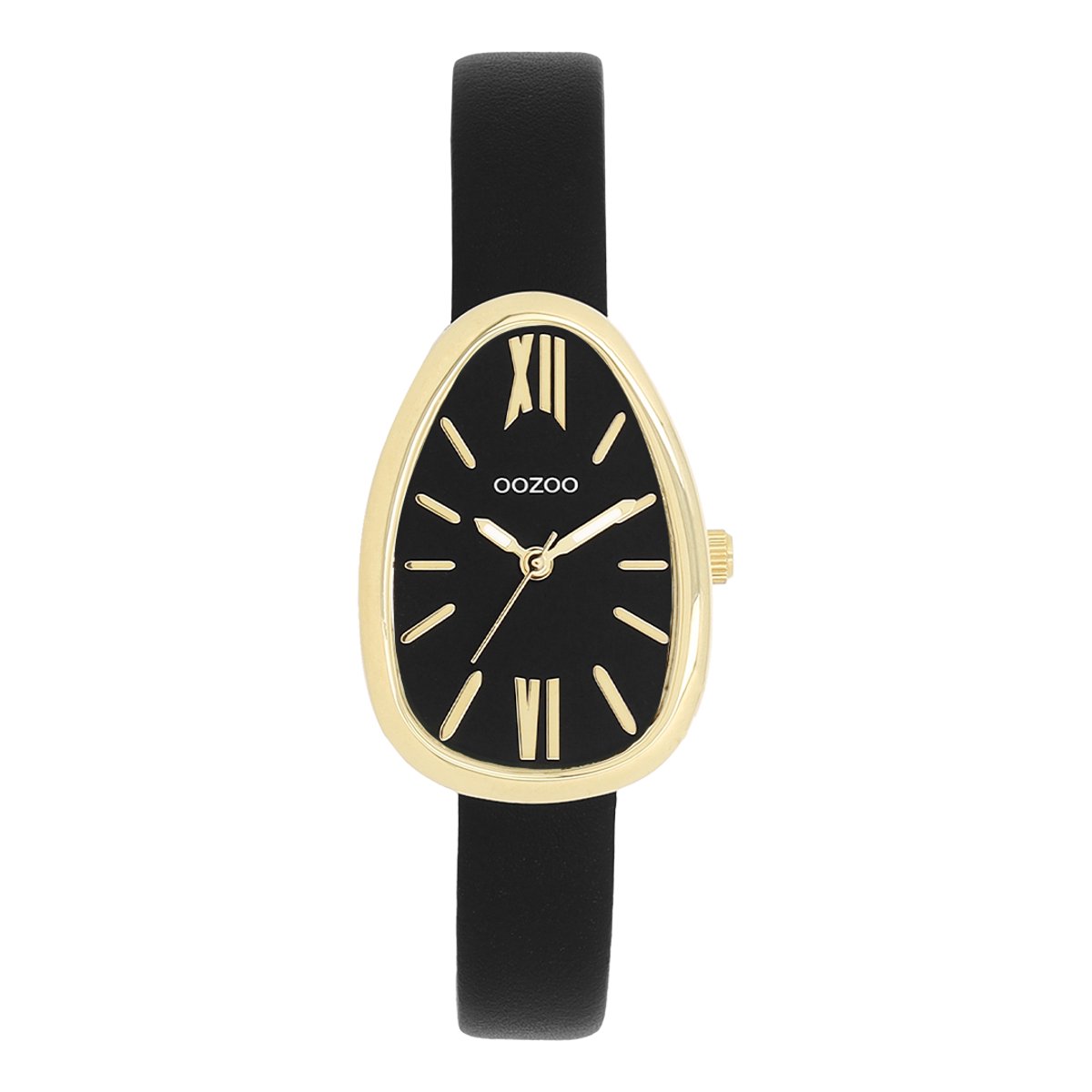 OOZOO Timepieces - Goudkleurige horloge met zwarte leren band - C11640