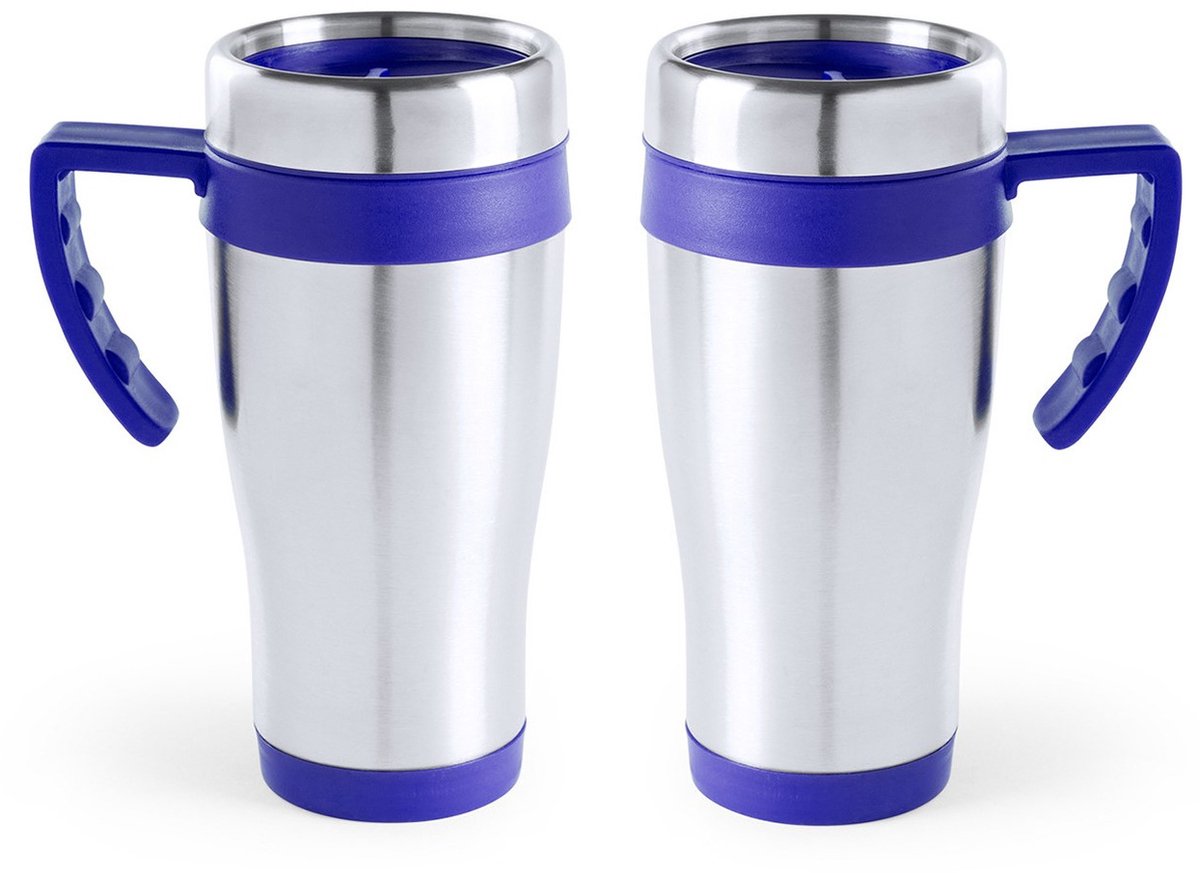 3x stuks rVS thermosbeker/warmhoud koffiebekers blauw 500 ml - Isoleerbekers/reisbekers