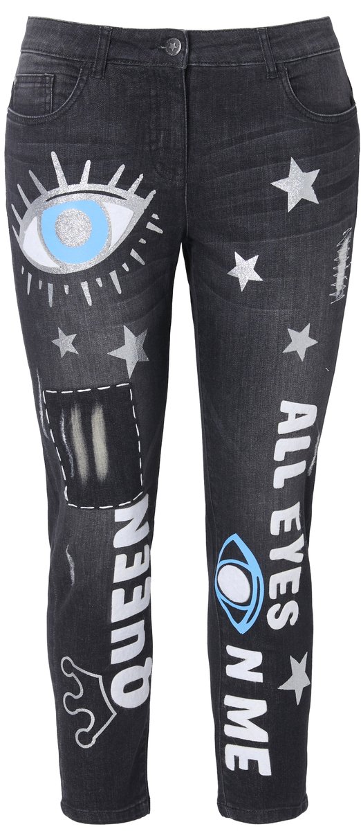 Angel of Style - Dames - Jeans wash-out modieuze print 5-pocket - Zwart - Maat 54