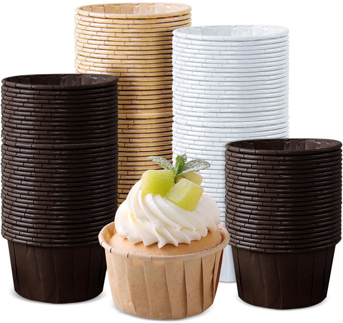 TOVBMUP 150 Stuks Wegwerpbakbeker - Muffinförmchen Papier - Cupcake Bakvormpjes - Niet Vettig Doorlatend, Anti-aanbaklaag voor Gemakkelijk Uitvormen - Geschikt voor Verjaardag, Bruiloft, Feest en Bakken - Wit, Bruin, Donkerbruin