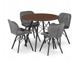 Set Ronde Eettafel TODI Ø80 cm Essen / Zwart + 4 Eetkamerstoelen LAGO Grijs / Zwart – Velvet - Eetkamerset – Eethoek – Scandinavisch Design - Compact en Modern – Geschikt voor Keuken, Eetkamer en Woonkamer - Ideaal voor Kleine Ruimtes