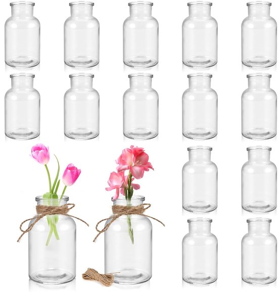 Cieex set van 16 kleine glazen vazen, 125 ml kleine vazen ​​met 20 m jute touw, mini glazen vazen ​​decoratieve vazenset voor tafeldecoratie bruiloft, middelpunten, bruiloftsdecoraties