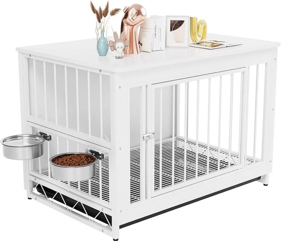 Cage pour chien - Moyens et petits Chiens jusqu'à 40 kg - Wit - Bois et acier - 100 x 67 x 64 cm - Avec 2 Mangeoires - Plateau coulissant - Style meuble