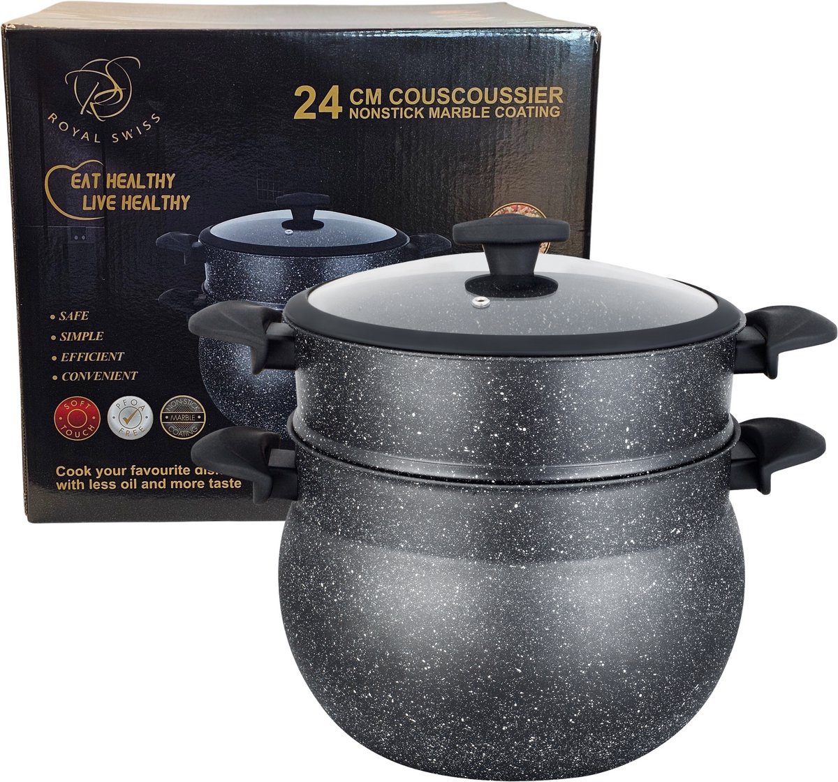 Royal Swiss® Stoompan – Couscous Pan – 12L – Glazen Deksel – Inductie – Zwart