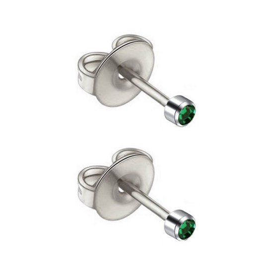 Caflon - boucles d'oreilles à tige en titane - couleur argent - 2 mm - pierre de cristal - vert - pierre de naissance mai - émeraude - clou d'oreille - piercing - hypoallergénique - emballage stérile