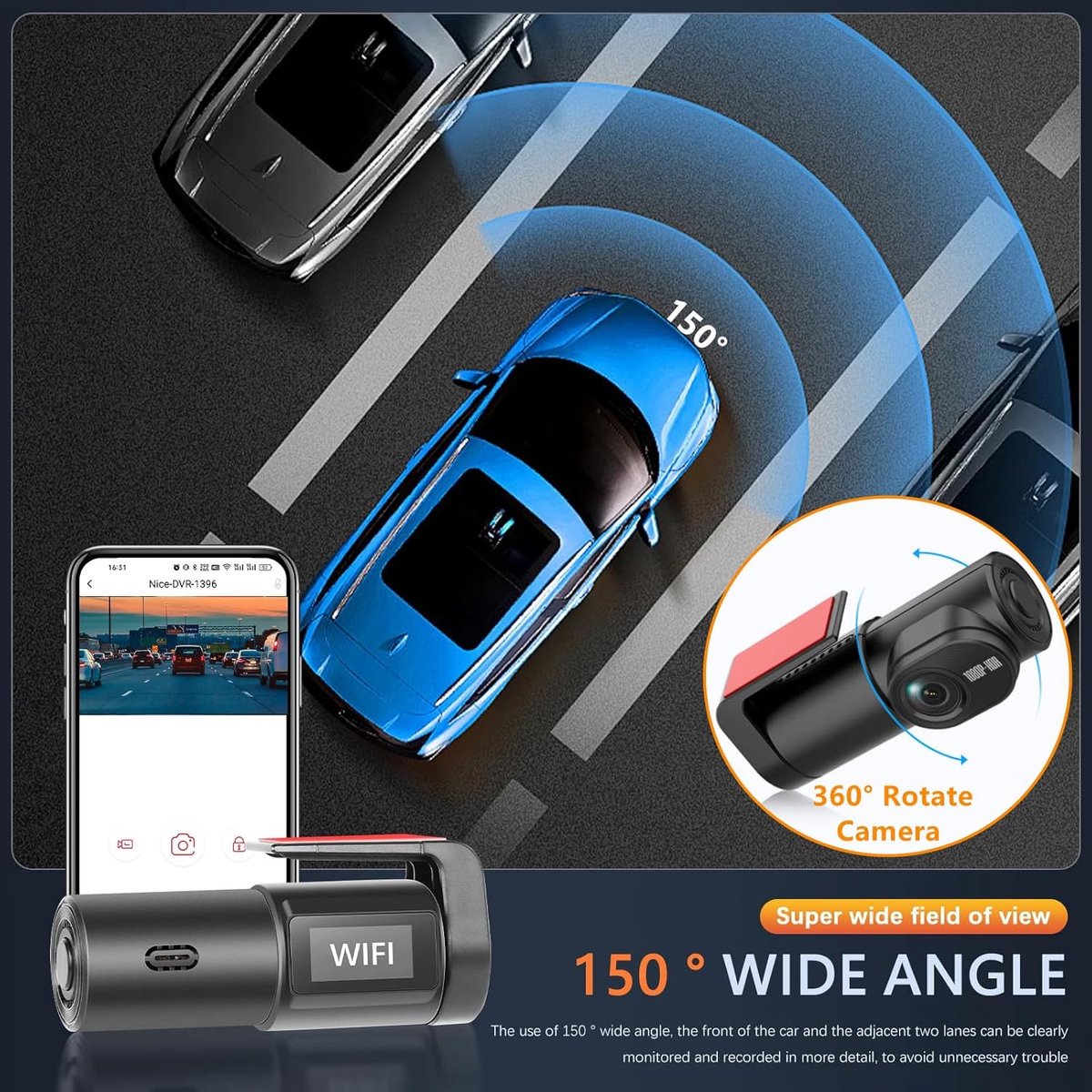 Dashcam voor auto voor en achter – Dual dashcam – Voor- en achtercamera – Autocamera – Full HD dashcam – Dashcam met nachtzicht – Dashcam met bewegingssensor – Groothoeklens – Parkeermodus – Loop recording – Dashcam met SD-kaart – foto 3