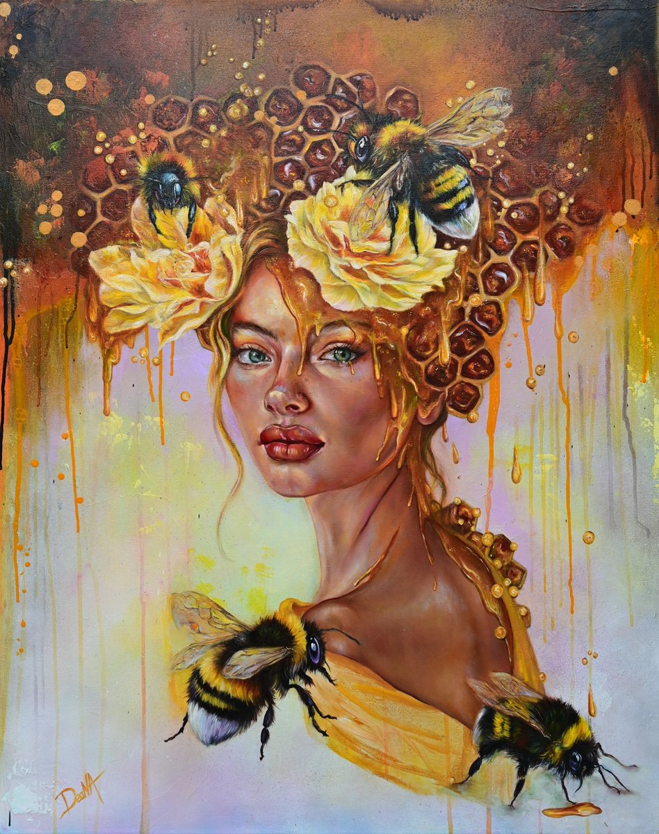 Glas schilderij - Vrouwenportret met Bijen - Spirituele Kunst & Symboliek - 60 x 75 cm. - myDeaNA
