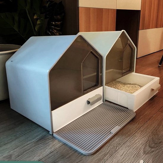 Bac à litière pour chat, bac à litière pour chat entièrement fermé, toilettes pour chat à capot de type tiroir, grand espace, avec distributeur de litière pour chat, BLEU