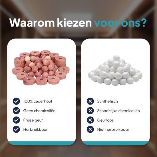 Vergelijking: Cederhouten producten (100% cederhout, geen chemicaliën, frisse geur, herbruikbaar) vs. synthetische producten (synthetisch, schadelijk, geurloos, niet herbruikbaar).