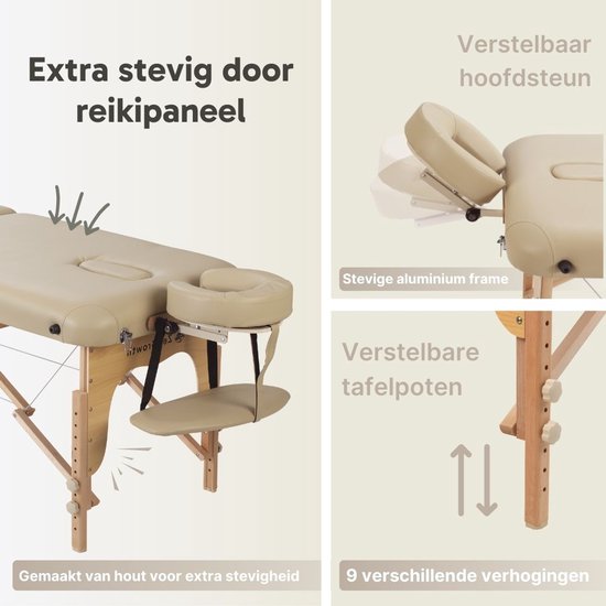 ZenGrowth® Gavia Massagetafel Beige – Traagschuim matras - Incl. Draagtas met wielen – 213cm x 70cm – Hoogte verstelbaar 60 tot 89 cm – Behandeltafel