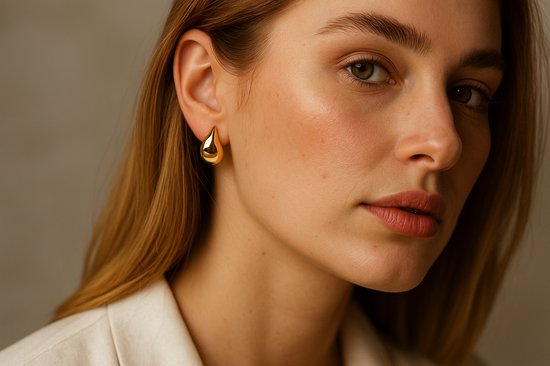 Mannequin portant une boucle d'oreille dorée en forme de goutte.