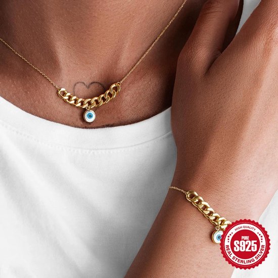 Set collier et bracelet anti-mauvais œil Helin Life pour femme – Argent 925 – Plaqué or 18 carats – Collier Nazar protecteur – Coffret cadeau de Luxe + carte de vœux – Cadeau Elegant pour femme/petite amie/mère – Couleur or