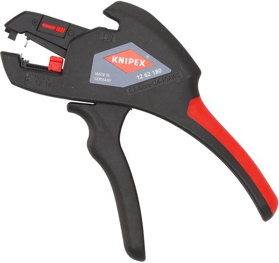 Zwarte automatische kabelstripper met rode handgrepen, voorzien van Knipex logo en specificaties.